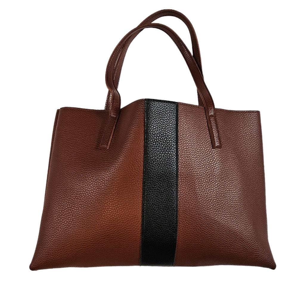 Vince Camuto Luck Brown Black Vegan Faux Leather Tote Bag Pebbled Laptop Career - Picture 5 of 13